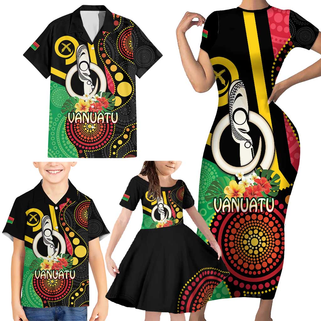 Tamtam Drum Vanuatu Family Matching Short Sleeve Bodycon Dress and Hawaiian Shirt Boar Tusk Aboriginal Flag Style LT14 - Polynesian Pride