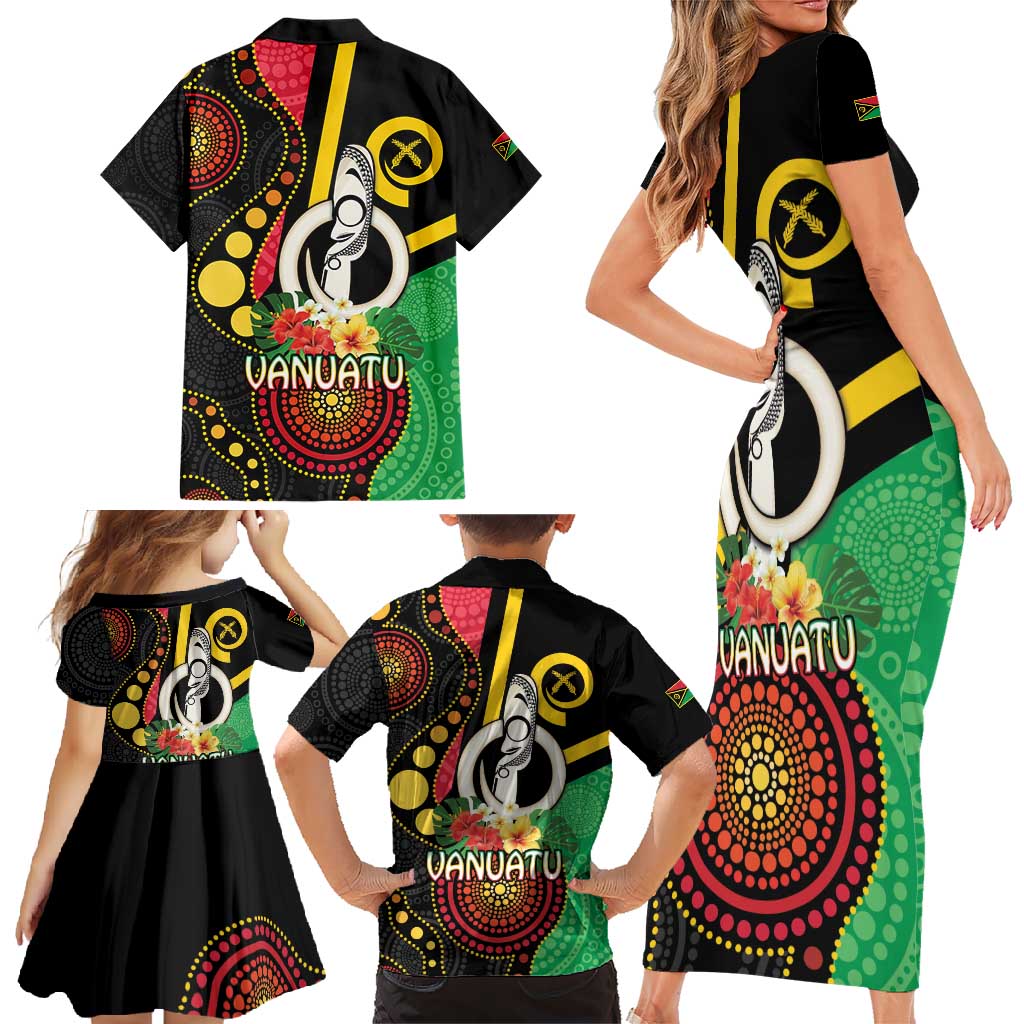 Tamtam Drum Vanuatu Family Matching Short Sleeve Bodycon Dress and Hawaiian Shirt Boar Tusk Aboriginal Flag Style LT14 - Polynesian Pride