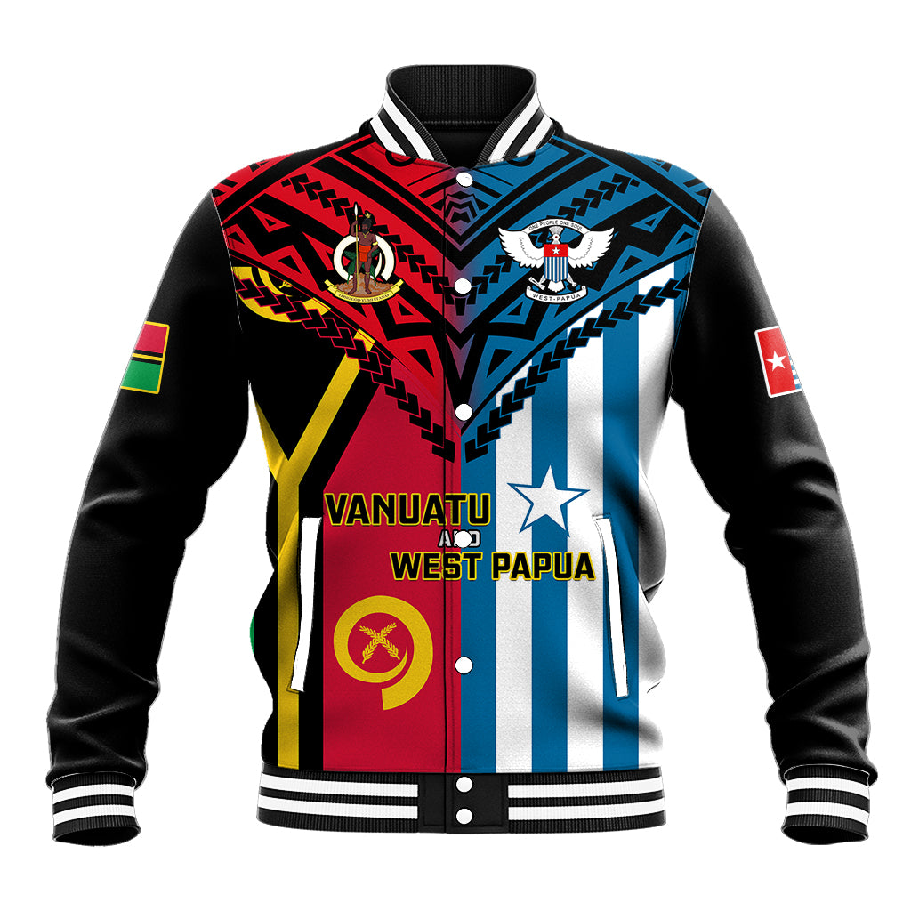 Vanuatu And West Papua Baseball Jacket Coat Of Arms Mix Flag Style LT14 Unisex Black - Polynesian Pride
