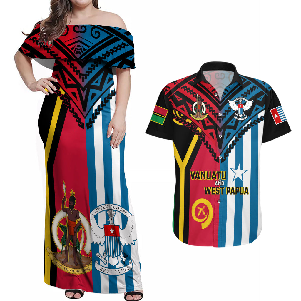 Vanuatu And West Papua Couples Matching Off Shoulder Maxi Dress and Hawaiian Shirt Coat Of Arms Mix Flag Style LT14 Black - Polynesian Pride