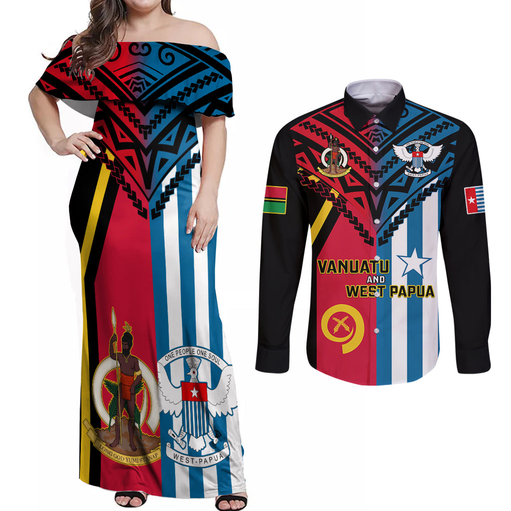 Vanuatu And West Papua Couples Matching Off Shoulder Maxi Dress and Long Sleeve Button Shirts Coat Of Arms Mix Flag Style LT14 Black - Polynesian Pride