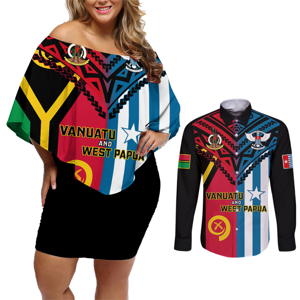 Vanuatu And West Papua Couples Matching Off Shoulder Short Dress and Long Sleeve Button Shirts Coat Of Arms Mix Flag Style LT14 Black - Polynesian Pride
