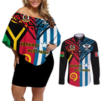 Vanuatu And West Papua Couples Matching Off Shoulder Short Dress and Long Sleeve Button Shirts Coat Of Arms Mix Flag Style LT14 Black - Polynesian Pride