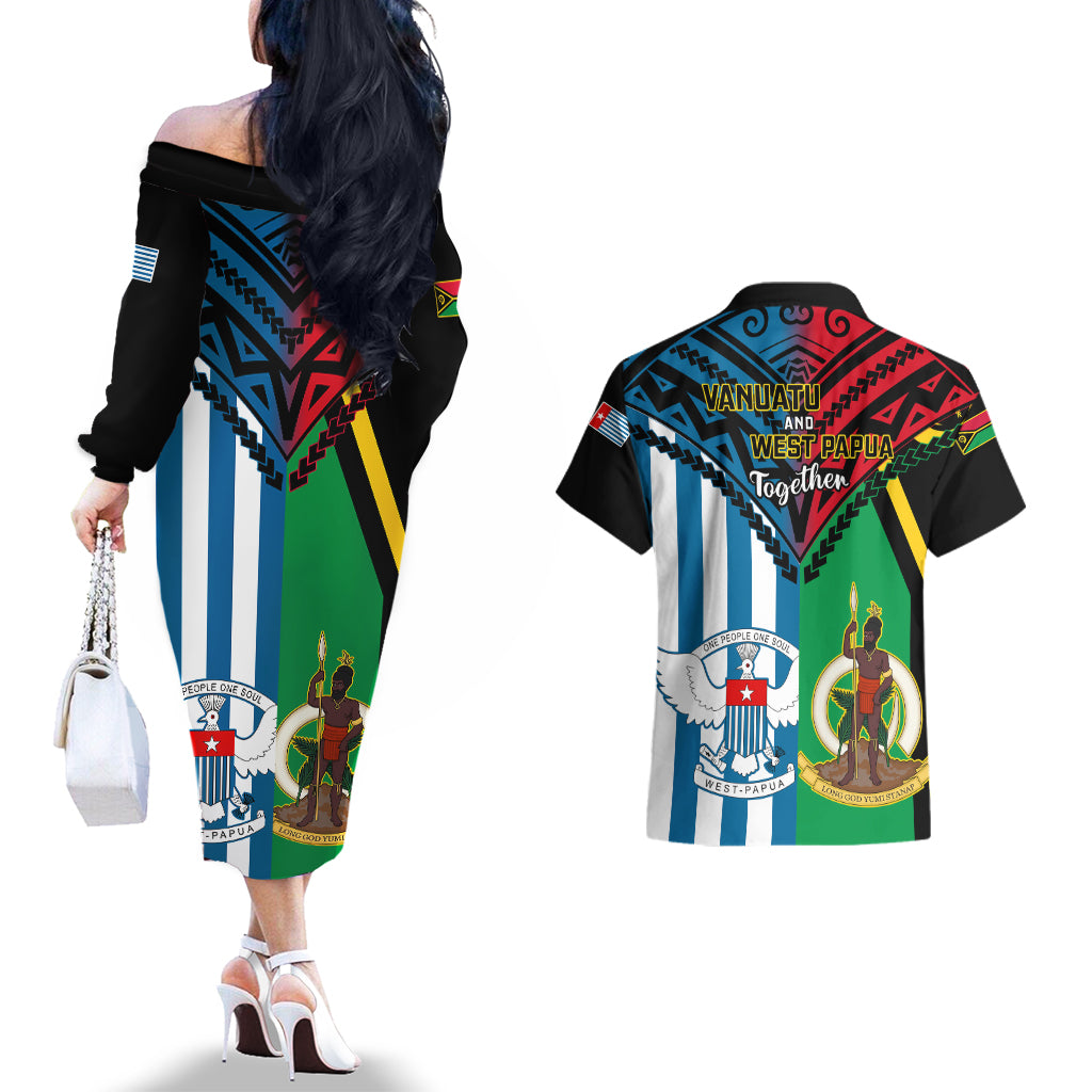 Vanuatu And West Papua Couples Matching Off The Shoulder Long Sleeve Dress and Hawaiian Shirt Coat Of Arms Mix Flag Style LT14 - Polynesian Pride