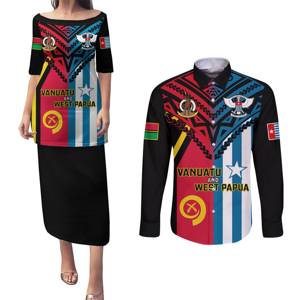 Vanuatu And West Papua Couples Matching Puletasi Dress and Long Sleeve Button Shirts Coat Of Arms Mix Flag Style LT14 Black - Polynesian Pride