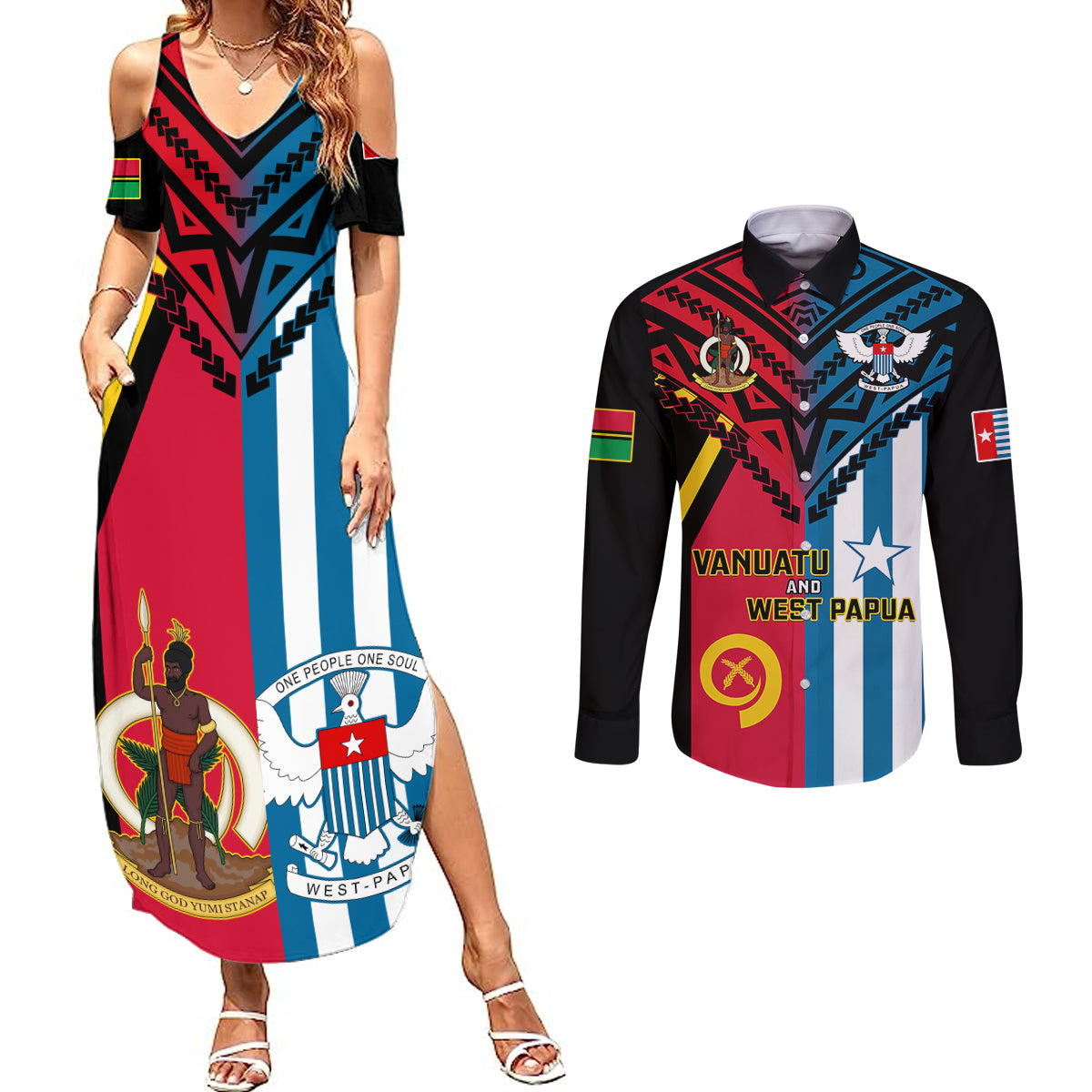 Vanuatu And West Papua Couples Matching Summer Maxi Dress and Long Sleeve Button Shirts Coat Of Arms Mix Flag Style LT14 Black - Polynesian Pride
