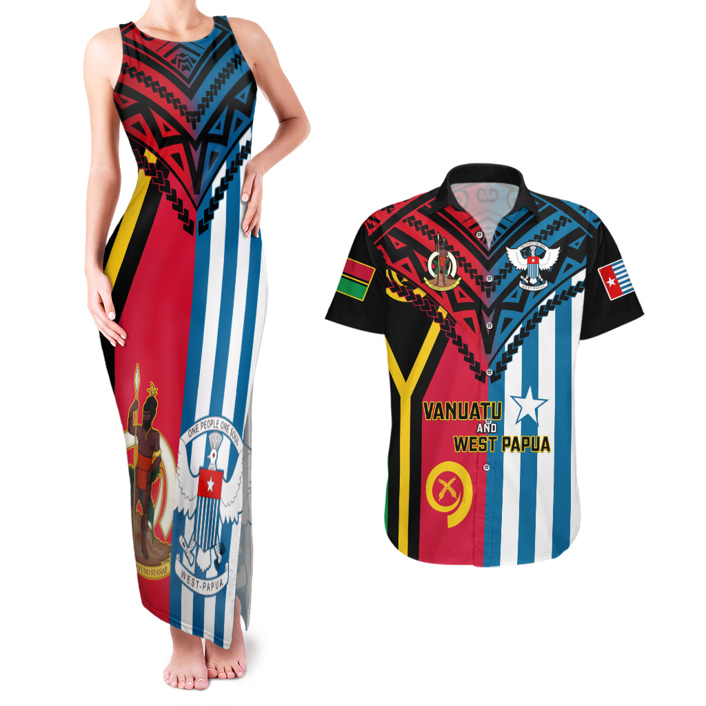 Vanuatu And West Papua Couples Matching Tank Maxi Dress And Hawaiian Shirt Coat Of Arms Mix Flag Style LT14 Black - Polynesian Pride