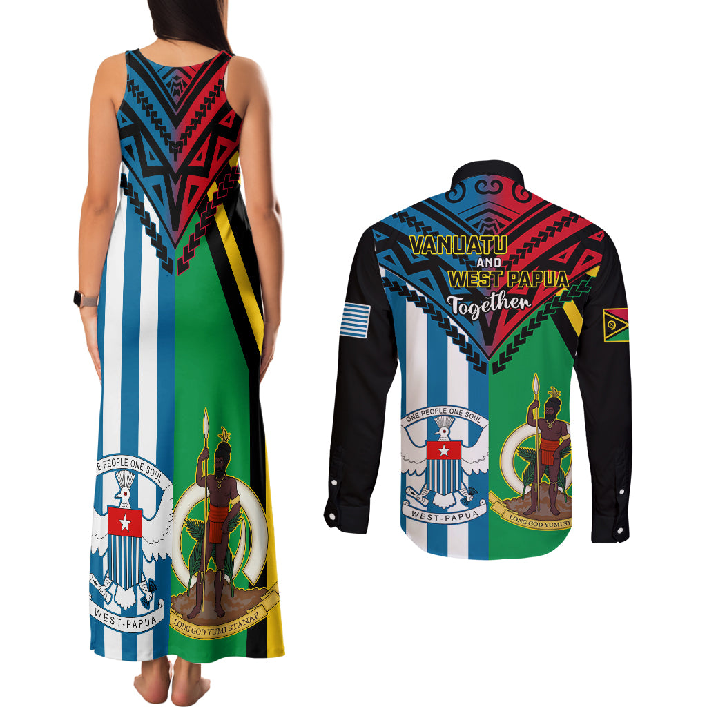 Vanuatu And West Papua Couples Matching Tank Maxi Dress and Long Sleeve Button Shirts Coat Of Arms Mix Flag Style LT14 - Polynesian Pride