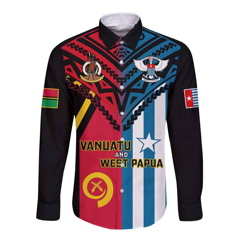 Vanuatu And West Papua Long Sleeve Button Shirt Coat Of Arms Mix Flag Style LT14 Unisex Black - Polynesian Pride