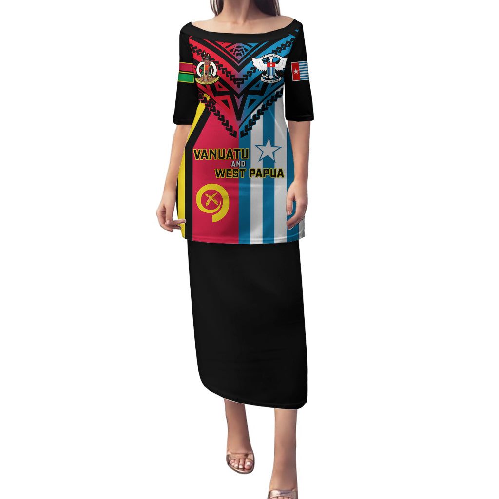 Vanuatu And West Papua Puletasi Coat Of Arms Mix Flag Style LT14 Long Dress Black - Polynesian Pride