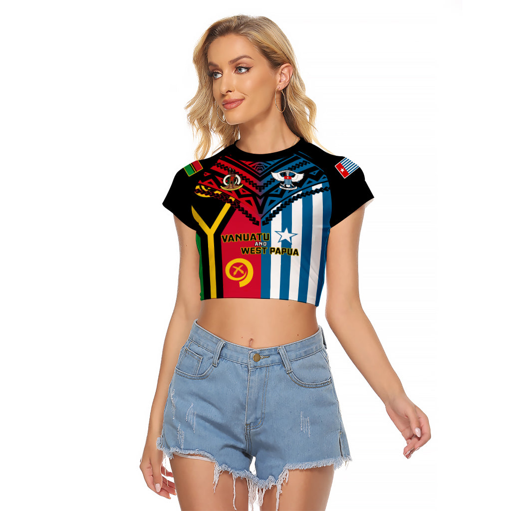 Vanuatu And West Papua Raglan Cropped T Shirt Coat Of Arms Mix Flag Style LT14 Female Black - Polynesian Pride