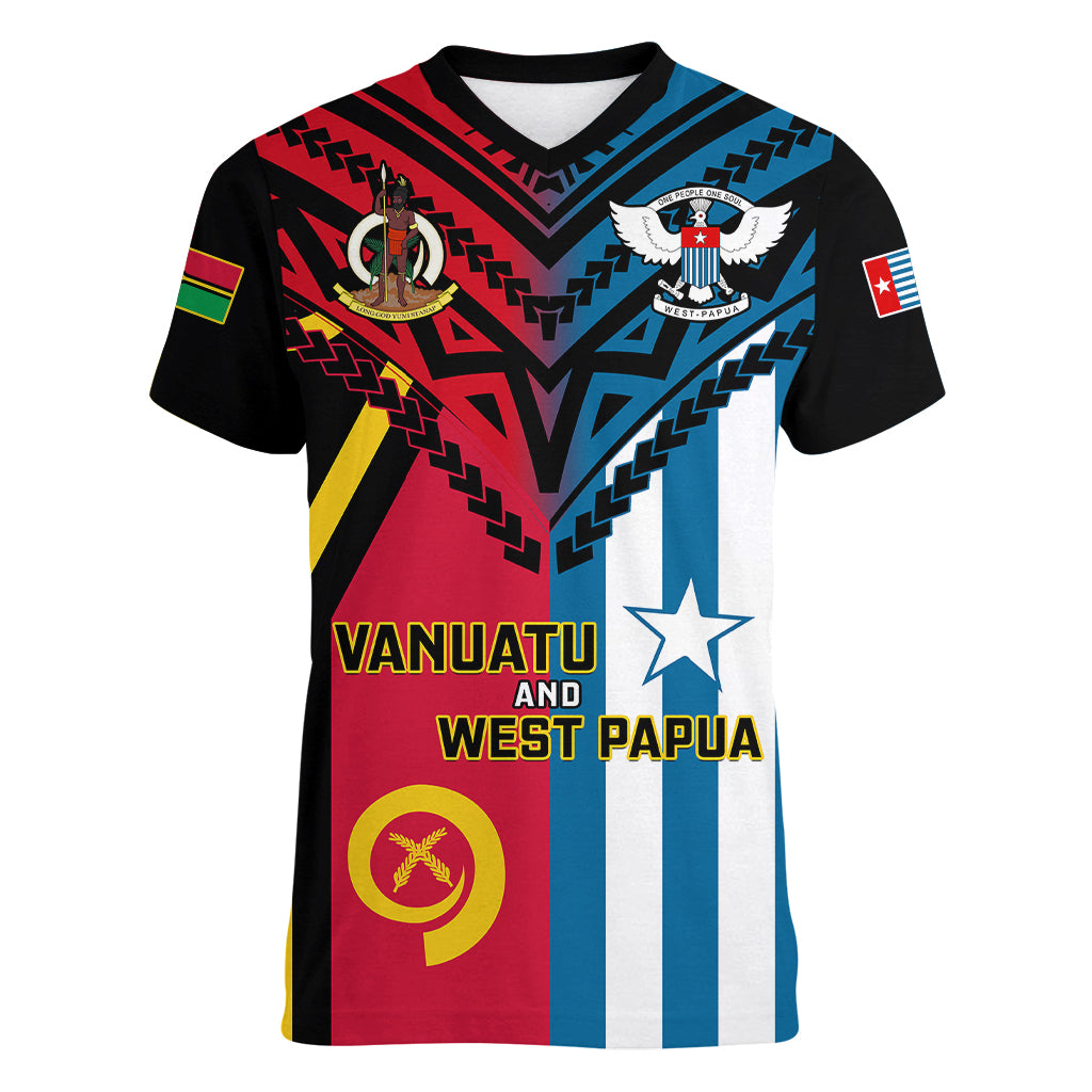 Vanuatu And West Papua Women V Neck T Shirt Coat Of Arms Mix Flag Style LT14 Female Black - Polynesian Pride