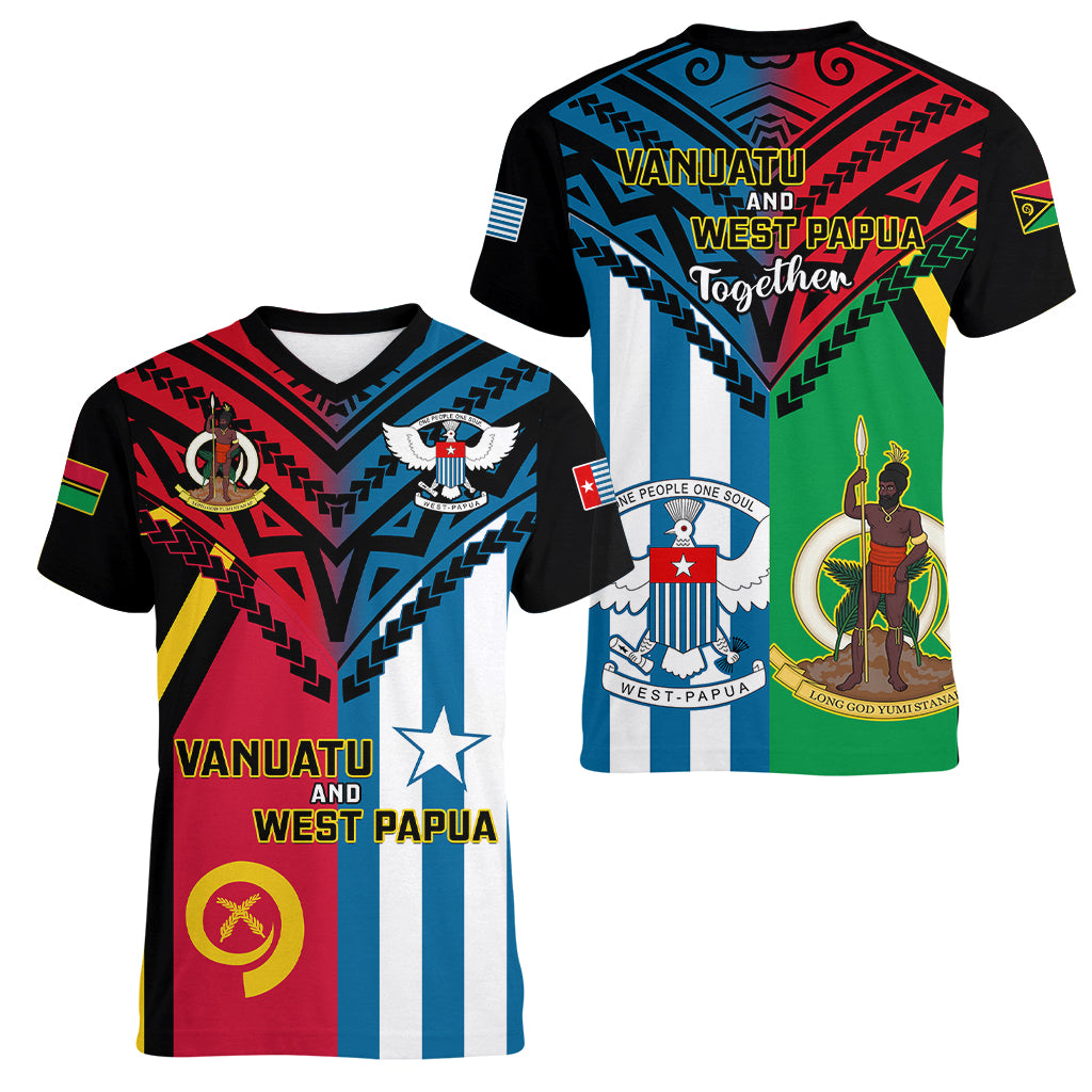 Vanuatu And West Papua Women V Neck T Shirt Coat Of Arms Mix Flag Style LT14 - Polynesian Pride