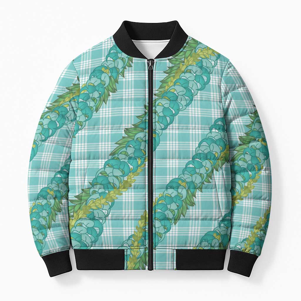 Hawaii Jade Vine Lei Bomber Puffer Jacket Aloha Palaka Motif - Turquoise LT14 Unisex Turquoise - Polynesian Pride