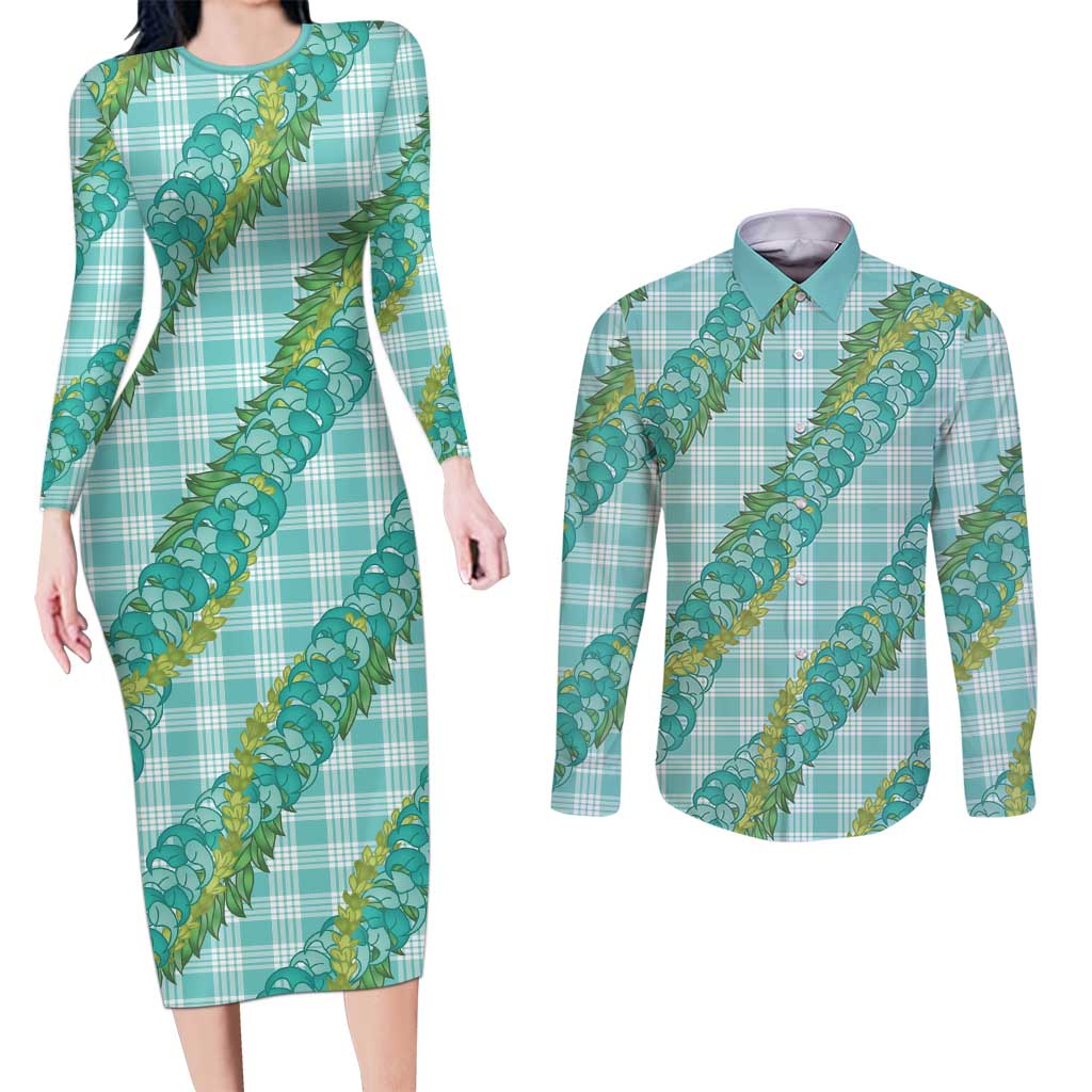 Hawaii Jade Vine Lei Couples Matching Long Sleeve Bodycon Dress and Long Sleeve Button Shirt Aloha Palaka Motif - Turquoise LT14 Turquoise - Polynesian Pride