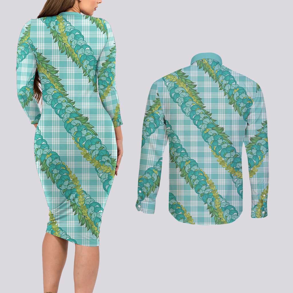 Hawaii Jade Vine Lei Couples Matching Long Sleeve Bodycon Dress and Long Sleeve Button Shirt Aloha Palaka Motif - Turquoise LT14 - Polynesian Pride