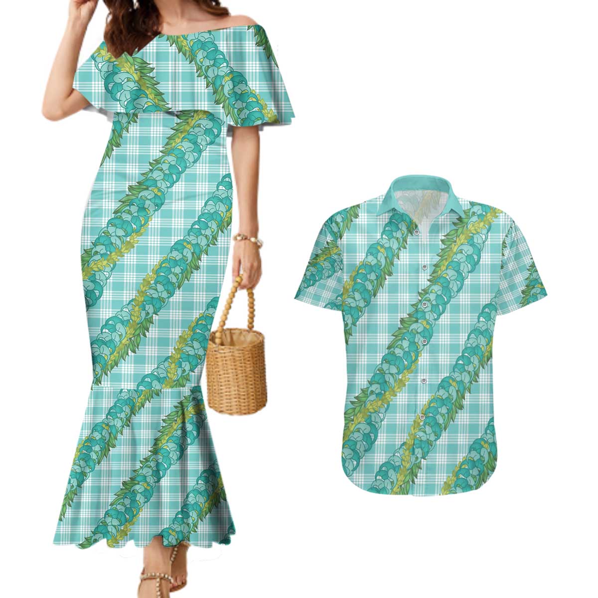 Hawaii Jade Vine Lei Couples Matching Mermaid Dress and Hawaiian Shirt Aloha Palaka Motif - Turquoise LT14 Turquoise - Polynesian Pride