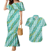Hawaii Jade Vine Lei Couples Matching Mermaid Dress and Hawaiian Shirt Aloha Palaka Motif - Turquoise LT14 Turquoise - Polynesian Pride