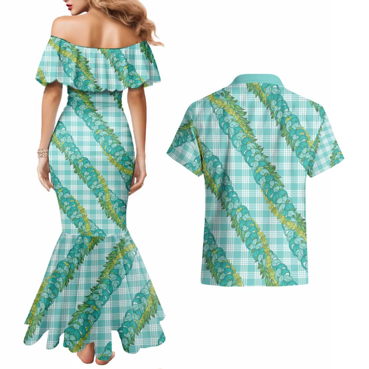 Hawaii Jade Vine Lei Couples Matching Mermaid Dress and Hawaiian Shirt Aloha Palaka Motif - Turquoise LT14 - Polynesian Pride