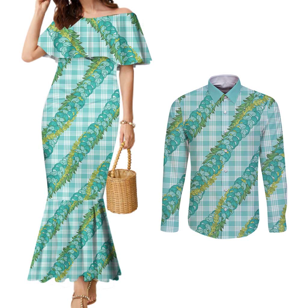 Hawaii Jade Vine Lei Couples Matching Mermaid Dress and Long Sleeve Button Shirt Aloha Palaka Motif - Turquoise LT14 Turquoise - Polynesian Pride