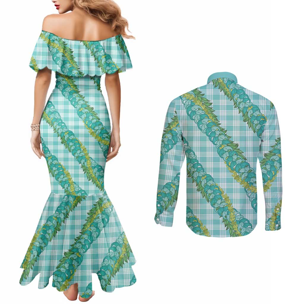 Hawaii Jade Vine Lei Couples Matching Mermaid Dress and Long Sleeve Button Shirt Aloha Palaka Motif - Turquoise LT14 - Polynesian Pride