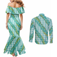 Hawaii Jade Vine Lei Couples Matching Mermaid Dress and Long Sleeve Button Shirt Aloha Palaka Motif - Turquoise LT14 - Polynesian Pride