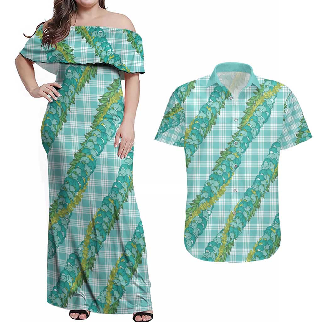 Hawaii Jade Vine Lei Couples Matching Off Shoulder Maxi Dress and Hawaiian Shirt Aloha Palaka Motif - Turquoise LT14 Turquoise - Polynesian Pride