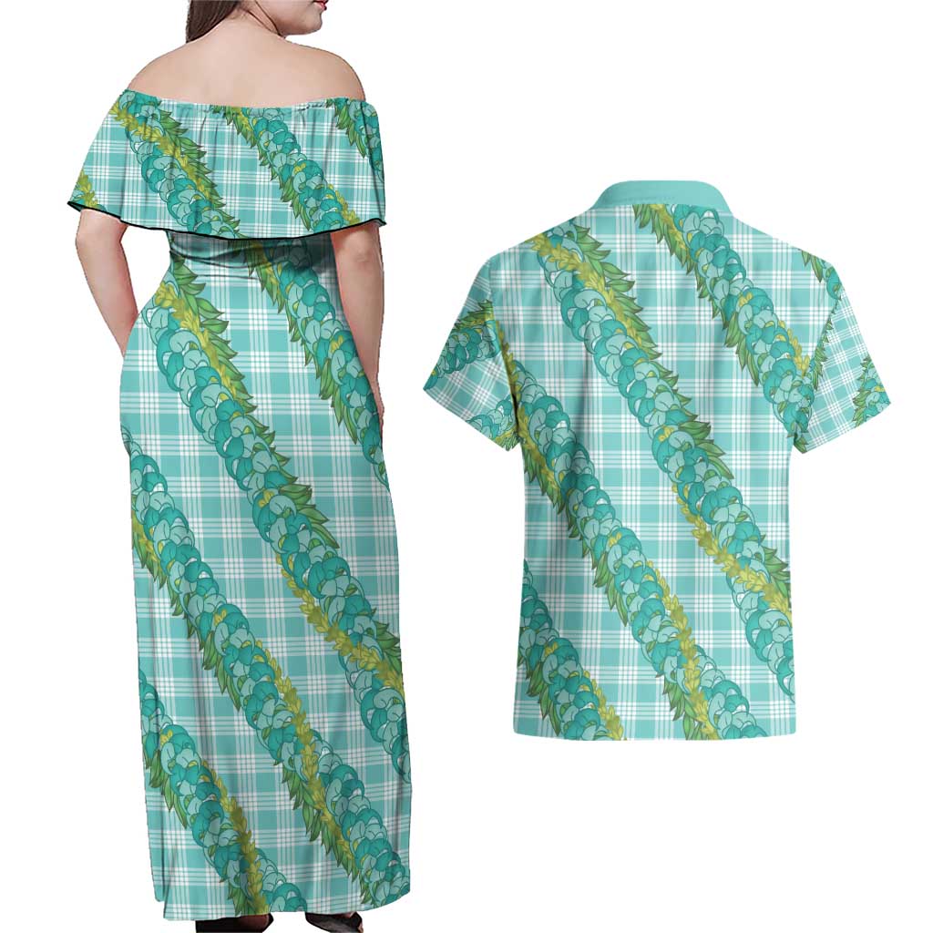 Hawaii Jade Vine Lei Couples Matching Off Shoulder Maxi Dress and Hawaiian Shirt Aloha Palaka Motif - Turquoise LT14 - Polynesian Pride