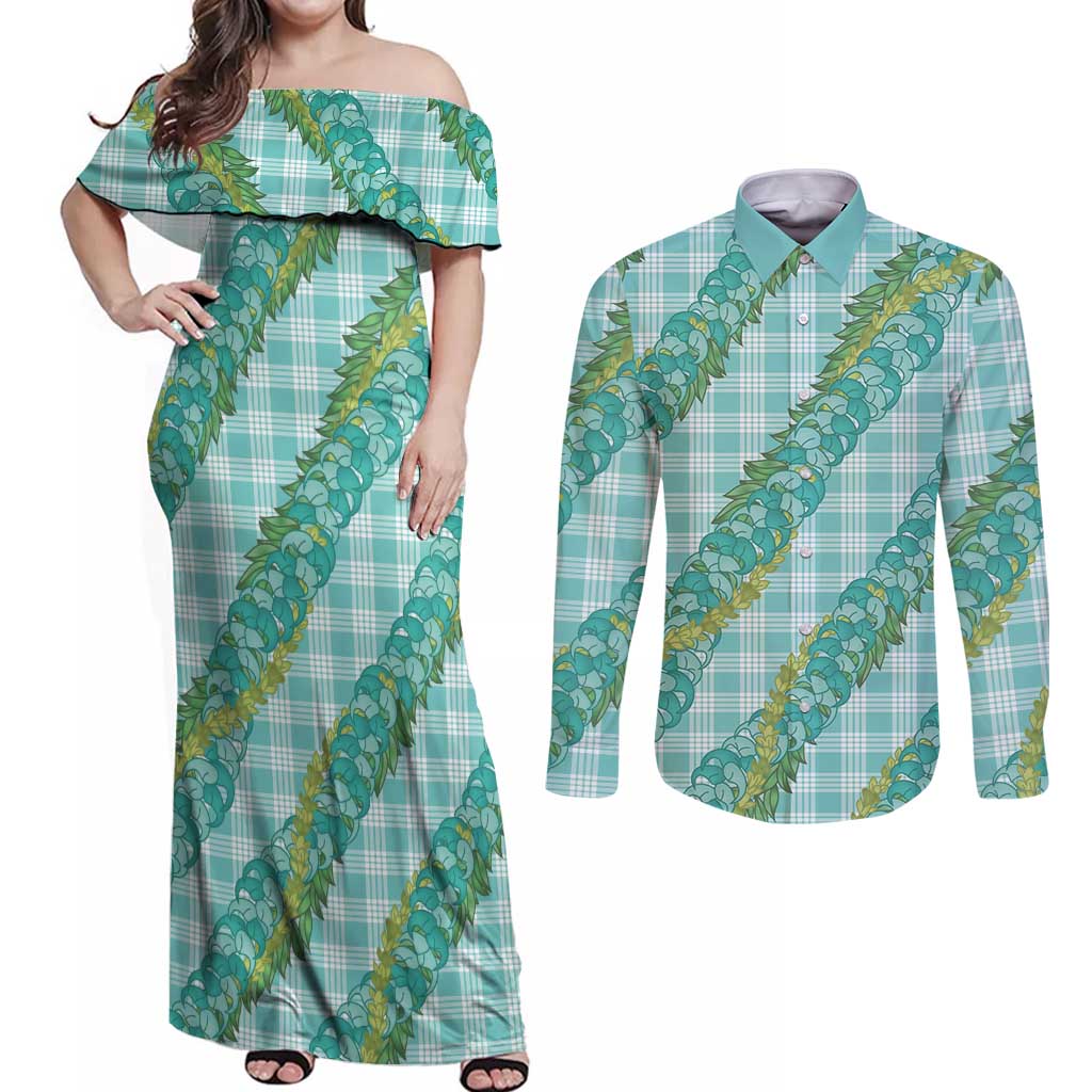 Hawaii Jade Vine Lei Couples Matching Off Shoulder Maxi Dress and Long Sleeve Button Shirt Aloha Palaka Motif - Turquoise LT14 Turquoise - Polynesian Pride