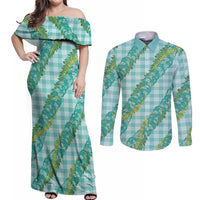 Hawaii Jade Vine Lei Couples Matching Off Shoulder Maxi Dress and Long Sleeve Button Shirt Aloha Palaka Motif - Turquoise LT14 Turquoise - Polynesian Pride