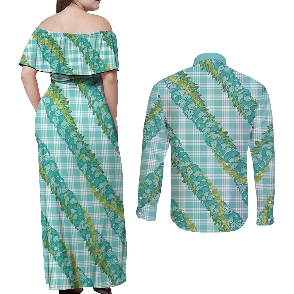 Hawaii Jade Vine Lei Couples Matching Off Shoulder Maxi Dress and Long Sleeve Button Shirt Aloha Palaka Motif - Turquoise LT14 - Polynesian Pride
