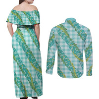 Hawaii Jade Vine Lei Couples Matching Off Shoulder Maxi Dress and Long Sleeve Button Shirt Aloha Palaka Motif - Turquoise LT14 - Polynesian Pride
