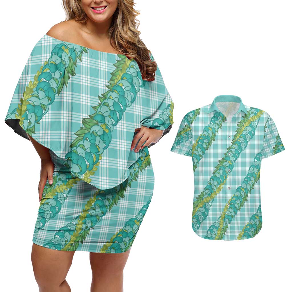 Hawaii Jade Vine Lei Couples Matching Off Shoulder Short Dress and Hawaiian Shirt Aloha Palaka Motif - Turquoise LT14 Turquoise - Polynesian Pride
