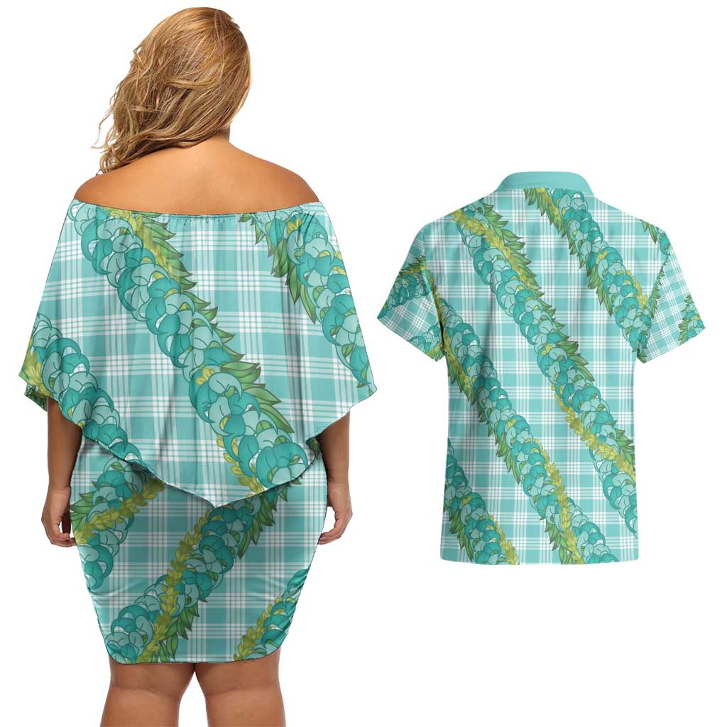 Hawaii Jade Vine Lei Couples Matching Off Shoulder Short Dress and Hawaiian Shirt Aloha Palaka Motif - Turquoise LT14 - Polynesian Pride