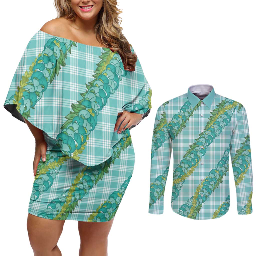 Hawaii Jade Vine Lei Couples Matching Off Shoulder Short Dress and Long Sleeve Button Shirt Aloha Palaka Motif - Turquoise LT14 Turquoise - Polynesian Pride