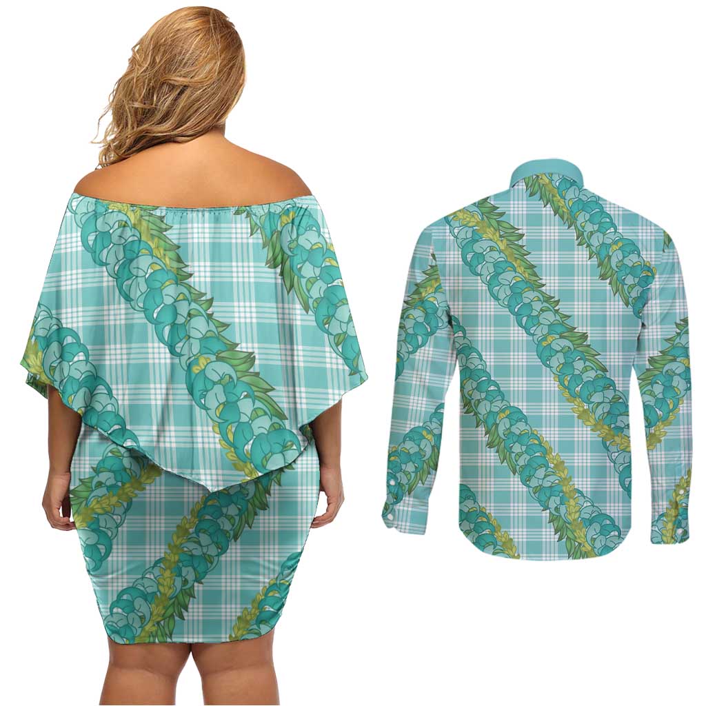 Hawaii Jade Vine Lei Couples Matching Off Shoulder Short Dress and Long Sleeve Button Shirt Aloha Palaka Motif - Turquoise LT14 - Polynesian Pride