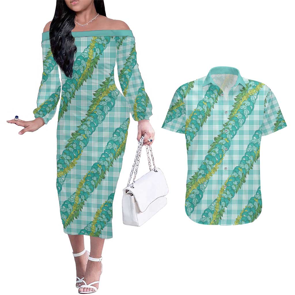 Hawaii Jade Vine Lei Couples Matching Off The Shoulder Long Sleeve Dress and Hawaiian Shirt Aloha Palaka Motif - Turquoise LT14 Turquoise - Polynesian Pride