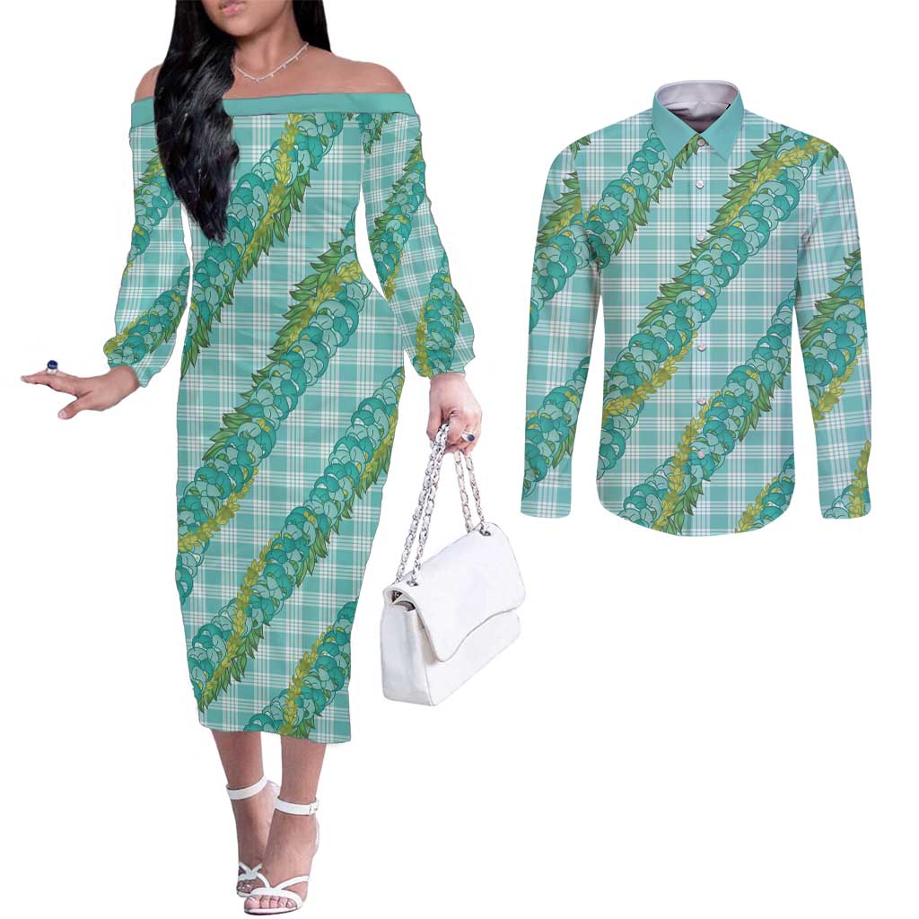 Hawaii Jade Vine Lei Couples Matching Off The Shoulder Long Sleeve Dress and Long Sleeve Button Shirt Aloha Palaka Motif - Turquoise LT14 Turquoise - Polynesian Pride