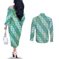 Hawaii Jade Vine Lei Couples Matching Off The Shoulder Long Sleeve Dress and Long Sleeve Button Shirt Aloha Palaka Motif - Turquoise LT14 - Polynesian Pride