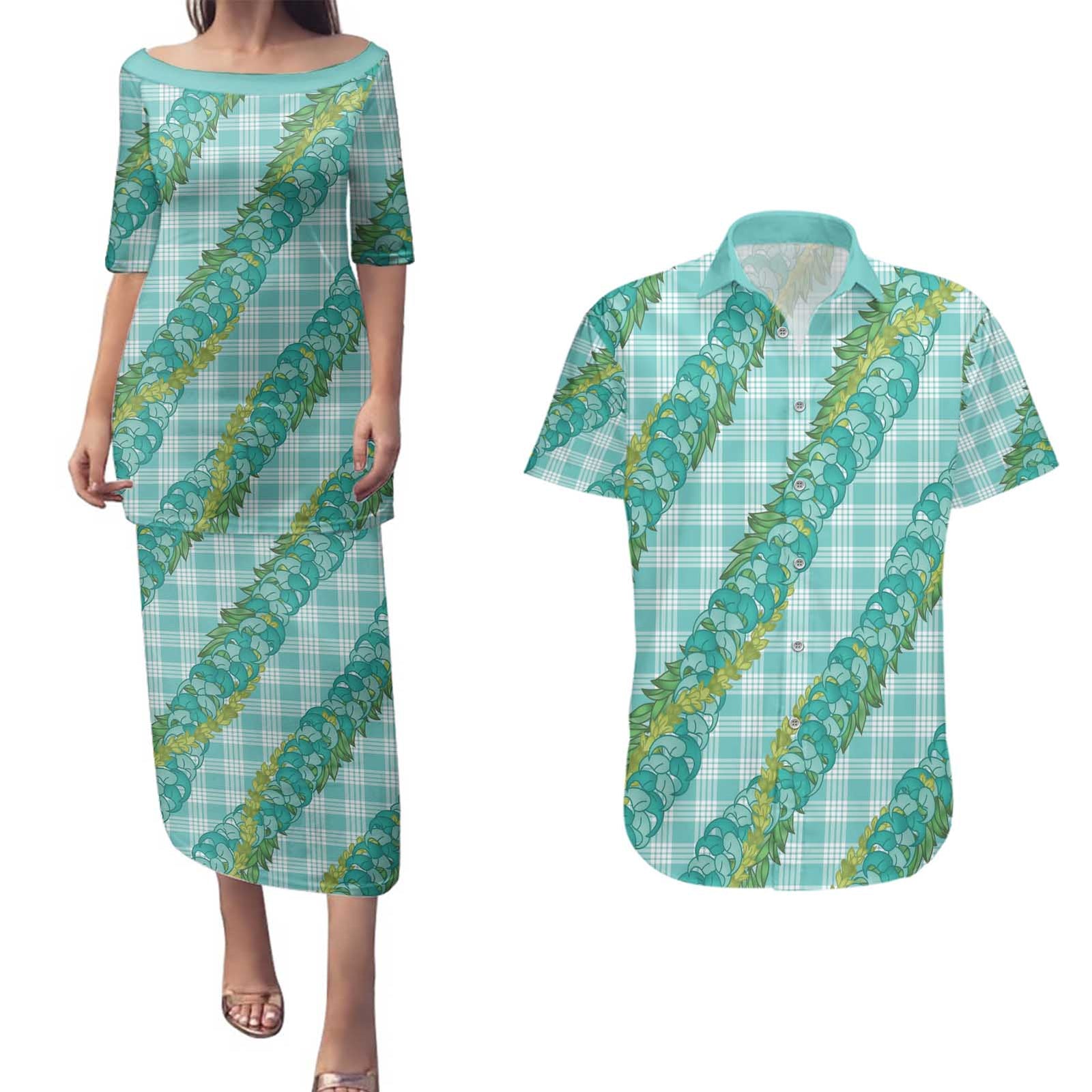 Hawaii Jade Vine Lei Couples Matching Puletasi and Hawaiian Shirt Aloha Palaka Motif - Turquoise LT14 Turquoise - Polynesian Pride