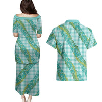 Hawaii Jade Vine Lei Couples Matching Puletasi and Hawaiian Shirt Aloha Palaka Motif - Turquoise LT14 - Polynesian Pride