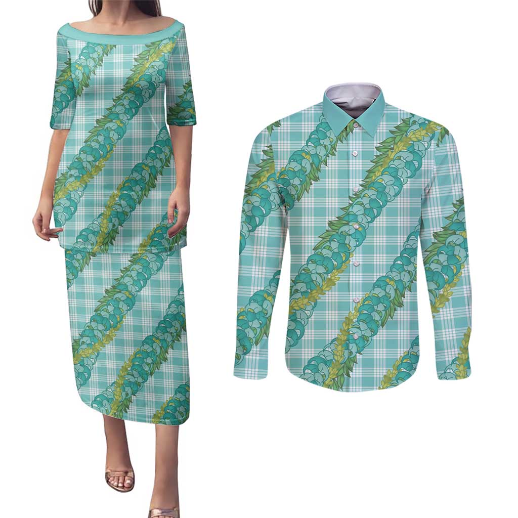 Hawaii Jade Vine Lei Couples Matching Puletasi and Long Sleeve Button Shirt Aloha Palaka Motif - Turquoise LT14 Turquoise - Polynesian Pride