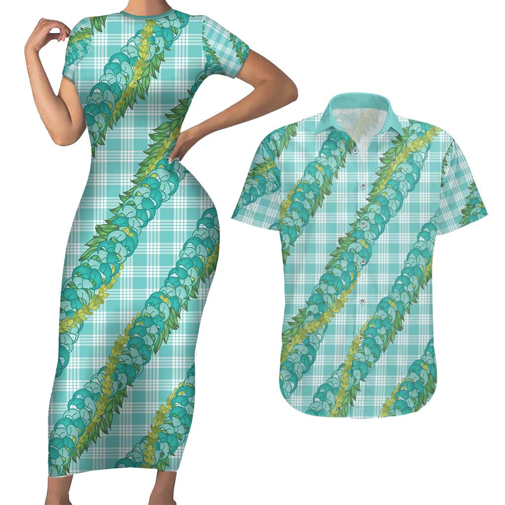 Hawaii Jade Vine Lei Couples Matching Short Sleeve Bodycon Dress and Hawaiian Shirt Aloha Palaka Motif - Turquoise LT14 Turquoise - Polynesian Pride