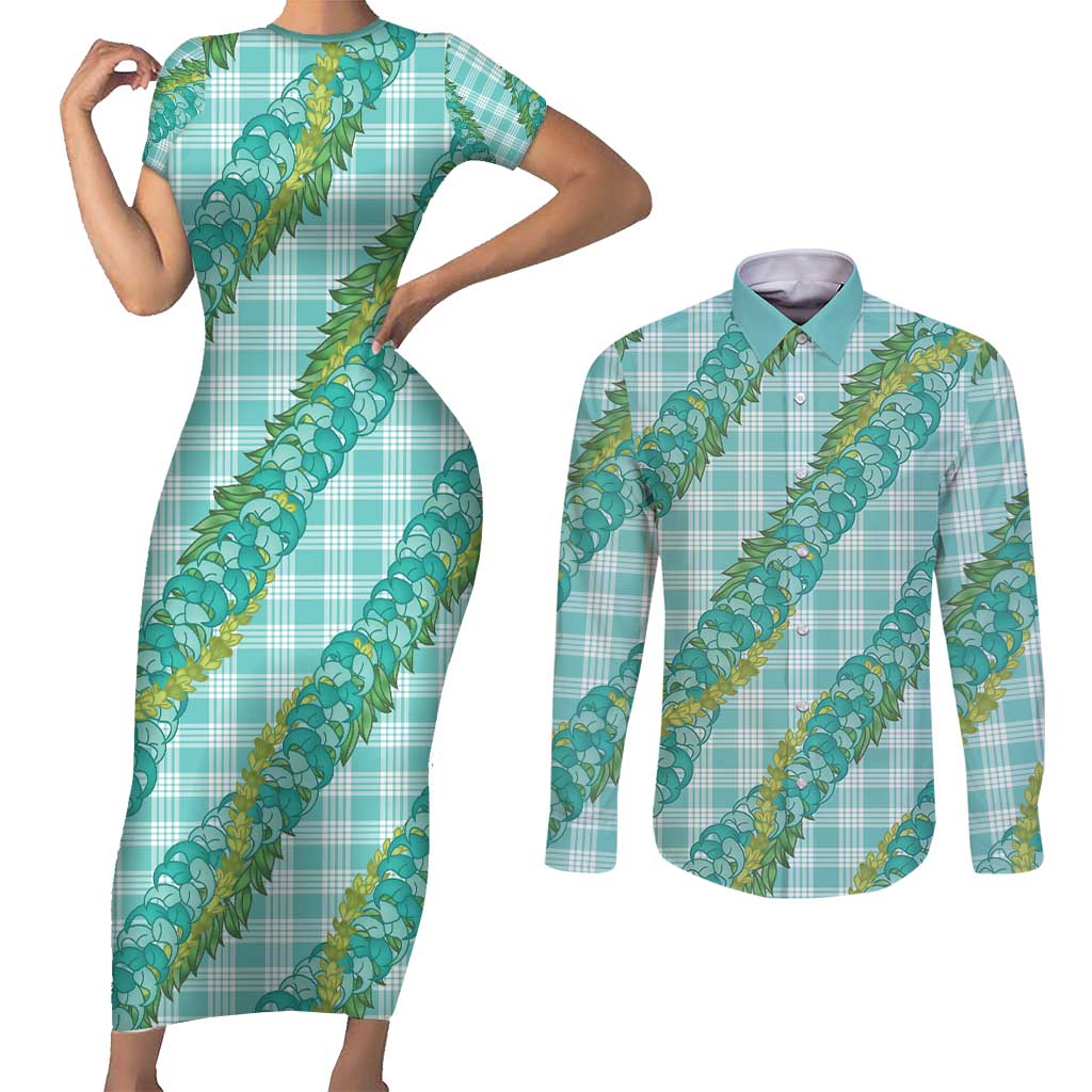 Hawaii Jade Vine Lei Couples Matching Short Sleeve Bodycon Dress and Long Sleeve Button Shirt Aloha Palaka Motif - Turquoise LT14 Turquoise - Polynesian Pride