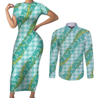 Hawaii Jade Vine Lei Couples Matching Short Sleeve Bodycon Dress and Long Sleeve Button Shirt Aloha Palaka Motif - Turquoise LT14 Turquoise - Polynesian Pride
