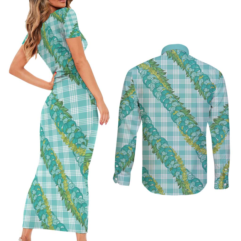 Hawaii Jade Vine Lei Couples Matching Short Sleeve Bodycon Dress and Long Sleeve Button Shirt Aloha Palaka Motif - Turquoise LT14 - Polynesian Pride