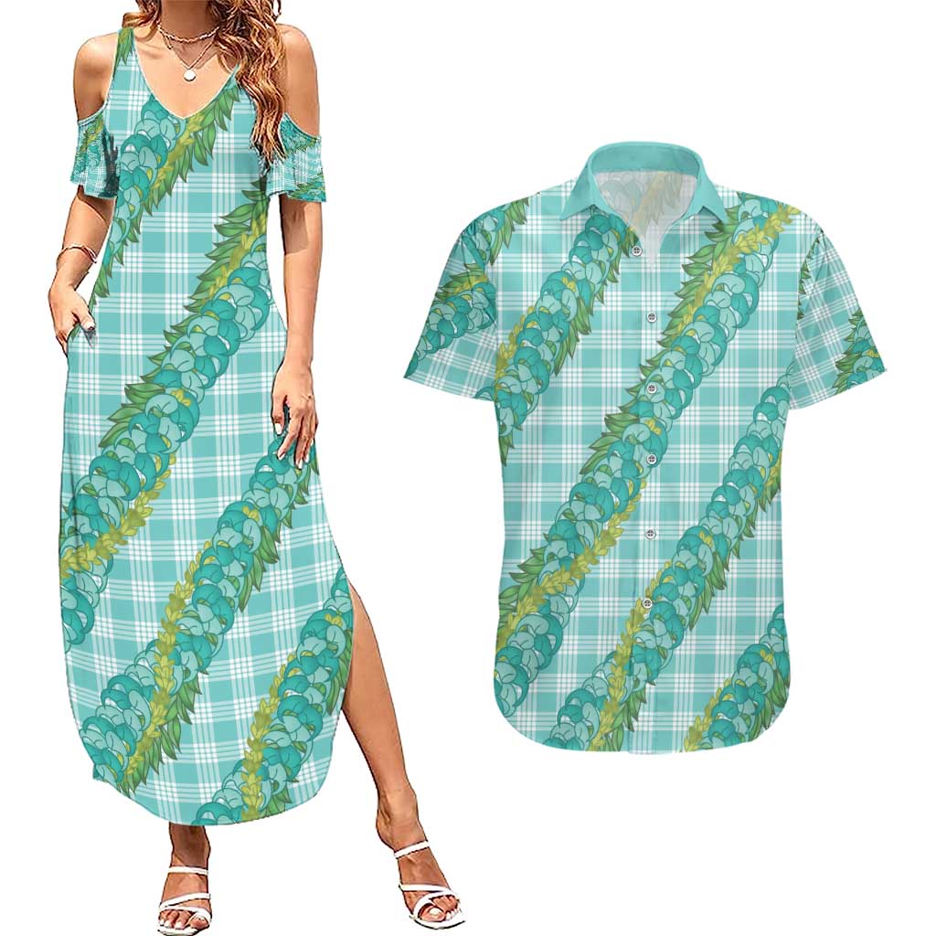 Hawaii Jade Vine Lei Couples Matching Summer Maxi Dress and Hawaiian Shirt Aloha Palaka Motif - Turquoise LT14 Turquoise - Polynesian Pride