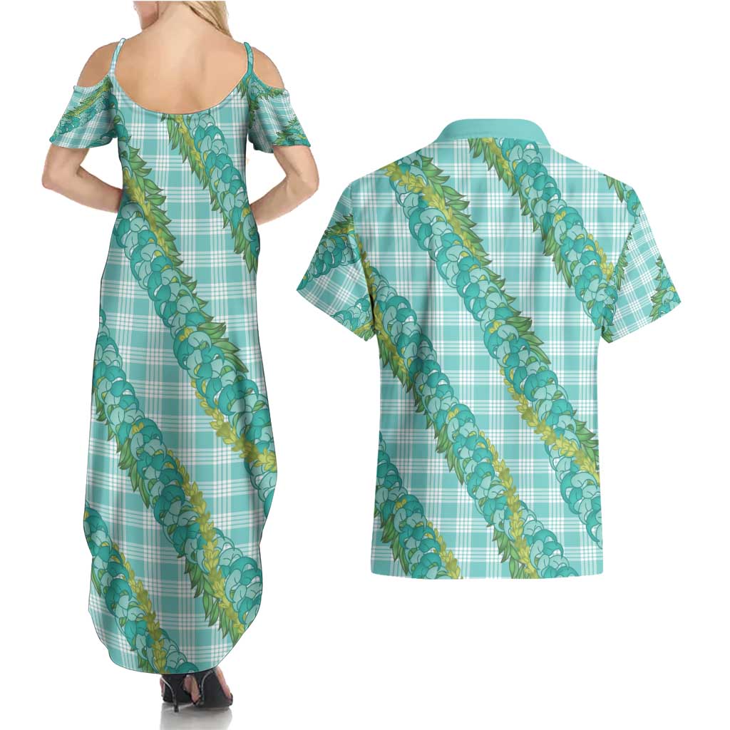 Hawaii Jade Vine Lei Couples Matching Summer Maxi Dress and Hawaiian Shirt Aloha Palaka Motif - Turquoise LT14 - Polynesian Pride
