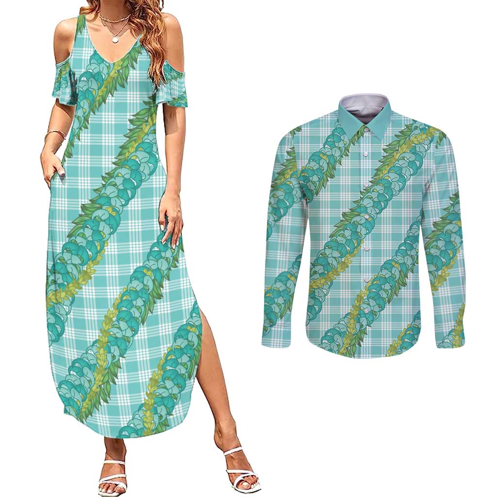 Hawaii Jade Vine Lei Couples Matching Summer Maxi Dress and Long Sleeve Button Shirt Aloha Palaka Motif - Turquoise LT14 Turquoise - Polynesian Pride