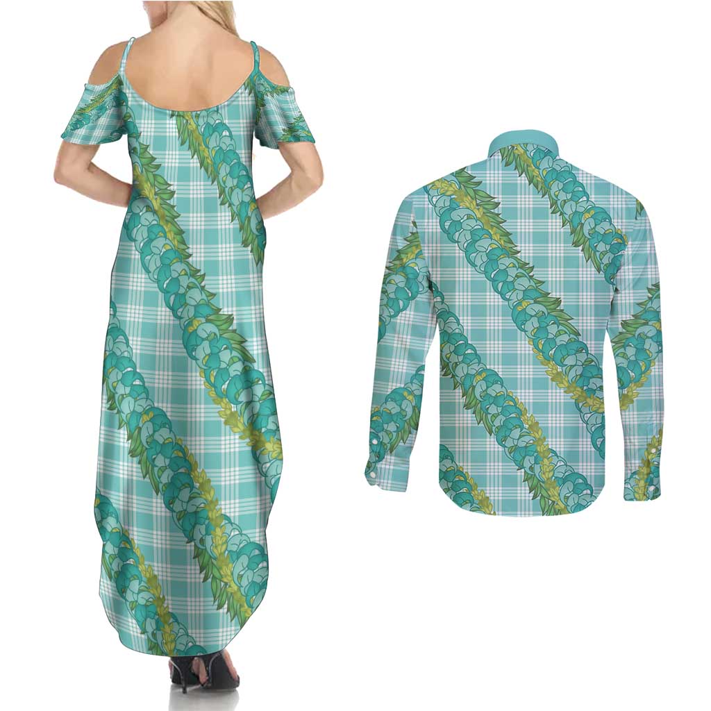 Hawaii Jade Vine Lei Couples Matching Summer Maxi Dress and Long Sleeve Button Shirt Aloha Palaka Motif - Turquoise LT14 - Polynesian Pride